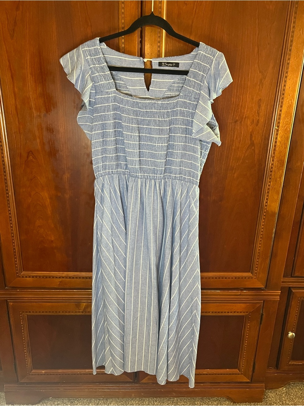 Simple Blue and White Striped Smocked Midi Dress